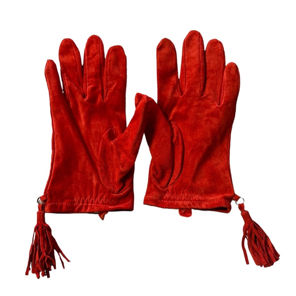 Red 100% genuine leather tassel detail gloves size L - Picture 2 of 5